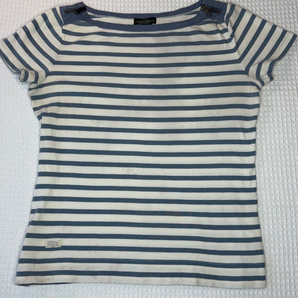 Lauren Ralph Lauren Striped Boat Neck Top Blue White Zipper Shoulder Women szM